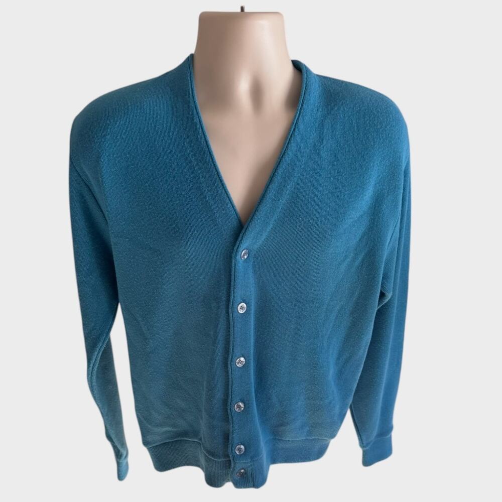 Sears Sportswear Virgin Orlon Acrylic Large Mens Blue V Neck Button Sweater